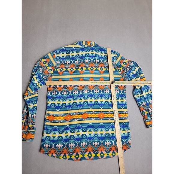 RF Brand Shirt Shacket Mens L Aztec Fleece Orange Blue Yellow Snaps Pockets READ - Picture 14 of 16
